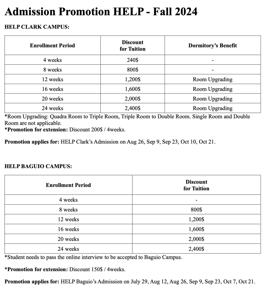 【クラーク/バギオ HELP校】8週間$800割引! - 0